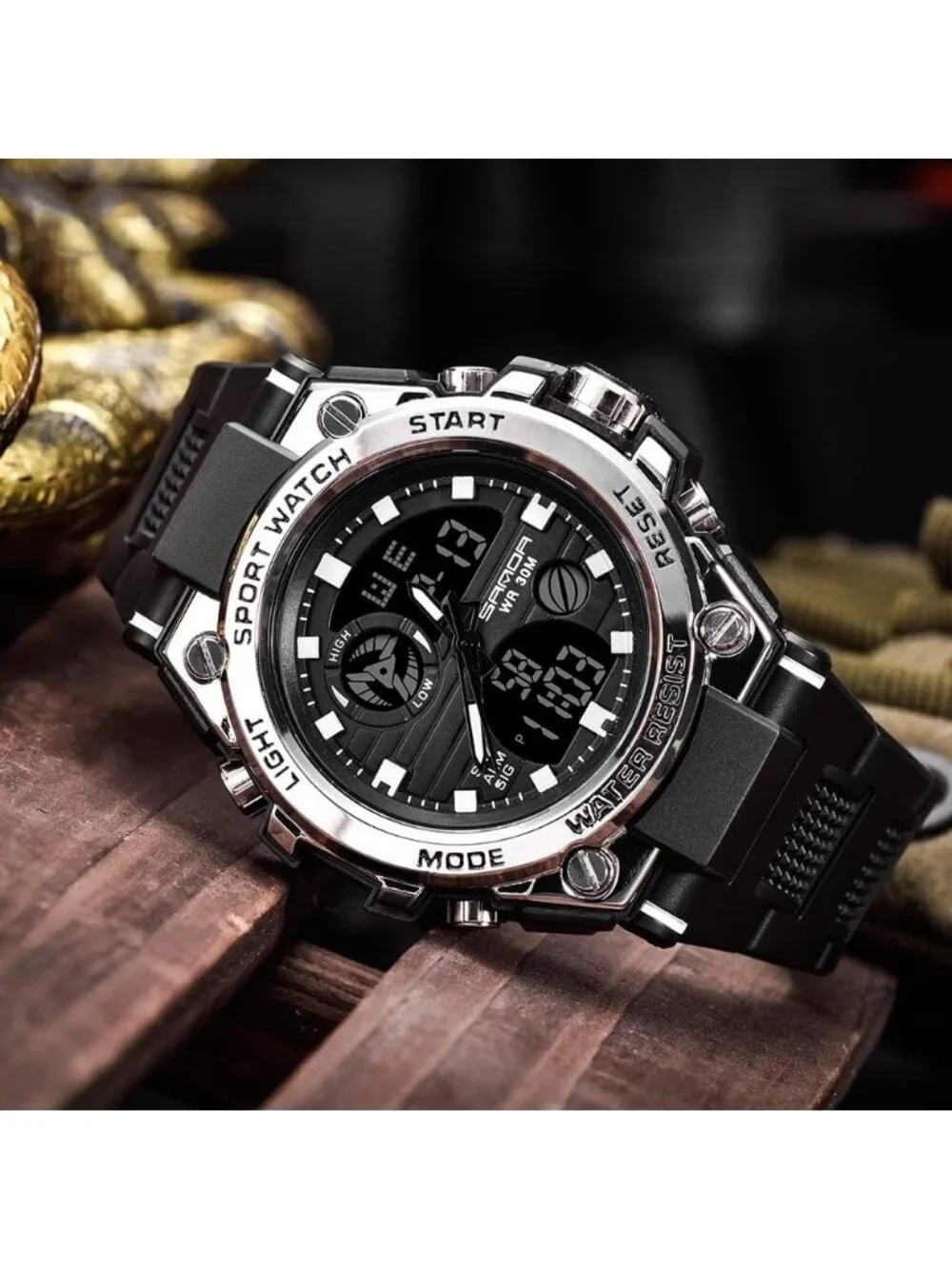 Men's Silver Analog Quartz Sports Outdoor Waterproof Military LED Digital Watch